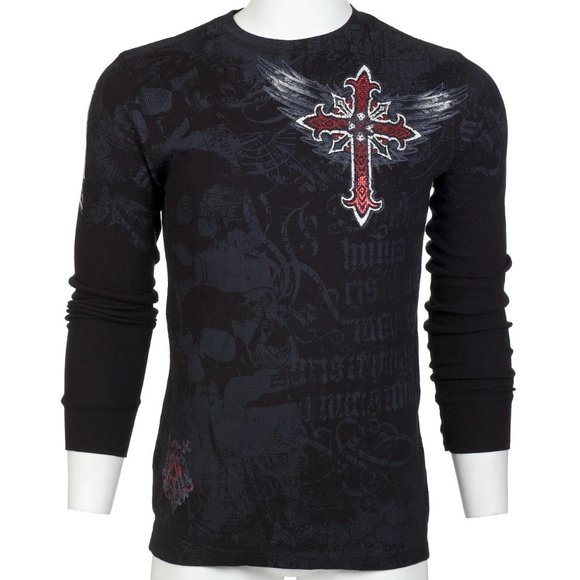 ARCHAIC by AFFLICTION Men's Long Sleeve THERMAL Shirt RED FLAG Biker Black - Picture 4 of 7